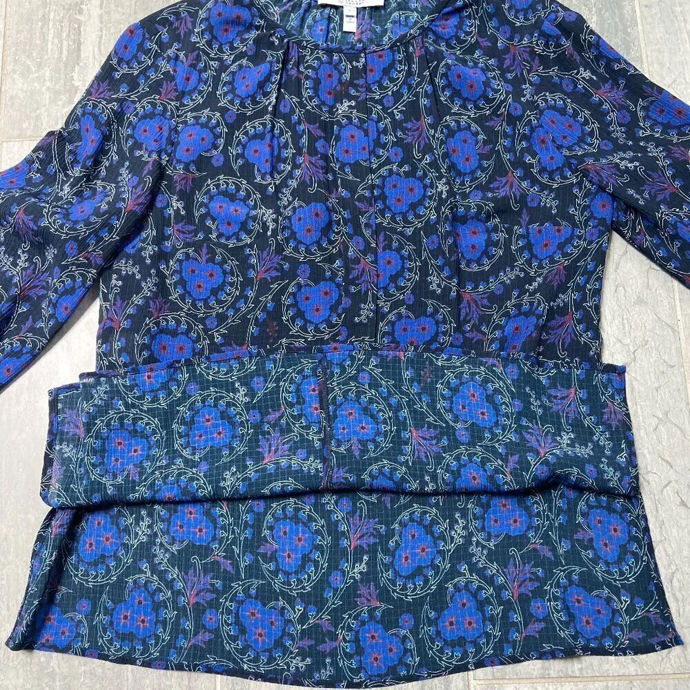 Derek Lam 10 Crosby Poet Floral Sheer Ruffle Sleeve Silk Blouse Blue Black Sz 6 - Picture 5 of 10